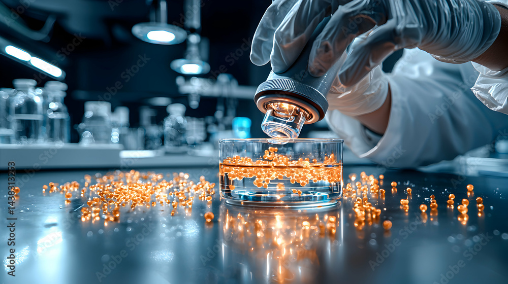 Aufkleber a scientist works in a lab. examining orange beads with a device. this image could be used in articl