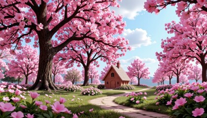 Serene Spring Landscape with Cherry Blossom Trees and Cozy Cottage