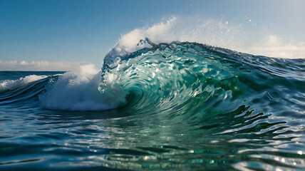 Obraz premium Majestic Turquoise Ocean Wave Breaking Under a Clear Blue Sky 