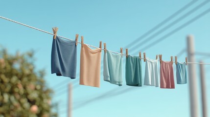 Hanging clean laundry outdoor clothesline aesthetic display bright environment serene view chore of hygiene