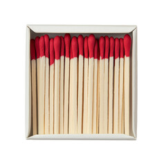 Naklejka premium Close-up of a collection of wooden matches with red tips neatly arranged in a white square box on transparent background