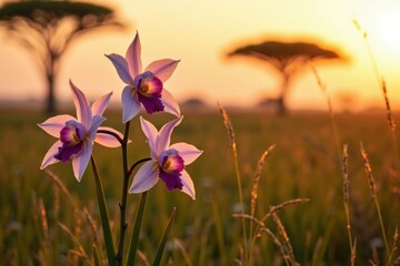 Three vibrant orchids bloom in tall grass at sunset, with distant trees and a golden sky creating a serene, natural landscape. © kritsanachart