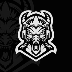 Fototapeta premium Angry dragon mascot character logo design, black white