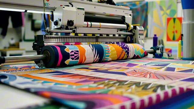 Fabric printing machine working on colorful textile at factory, printing on demand