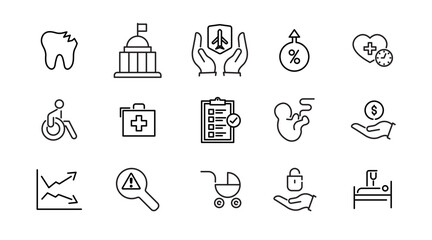 Insurance line icon set. Employe benefits, secure life, car accident, health, bank, property, coverage, security, guarantee, assurance, indemnity outline icon collection. UI thin outline icon pack