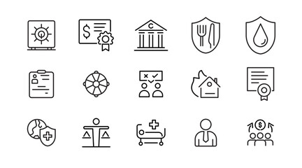 Insurance line icon set. Employe benefits, secure life, car accident, health, bank, property, coverage, security, guarantee, assurance, indemnity outline icon collection. UI thin outline icon pack