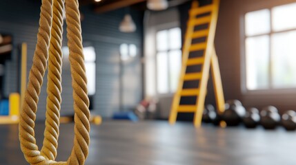 Fototapeta premium Motivational fitness scene: battle ropes hanging, a collection of kettlebells, and an agility ladder prepared for a workout.