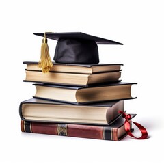 Graduation Hat and Stacked Books on Wooden Table