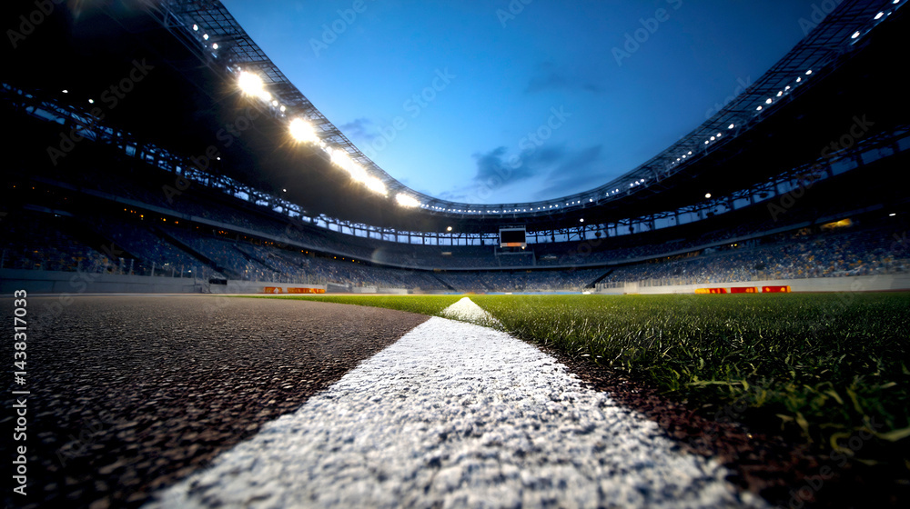Aufkleber perspective view of an empty modern stadium during twilight showcasing field and lights : generative