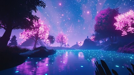 Mystical, glowing forest by a river under a starry night