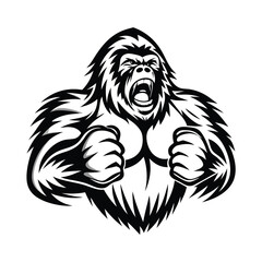 Monochrome Angry Gorilla Roaring with Fists Clenched, Strong Primate Aggression, Wild