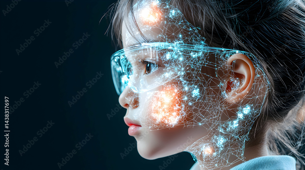 Aufkleber a child's face is overlaid with glowing blue and orange digital circuitry. it could represent ai int