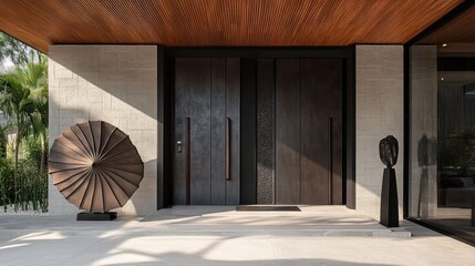 Modern concrete entrance to a luxury home with wooden ceiling and contemporary art