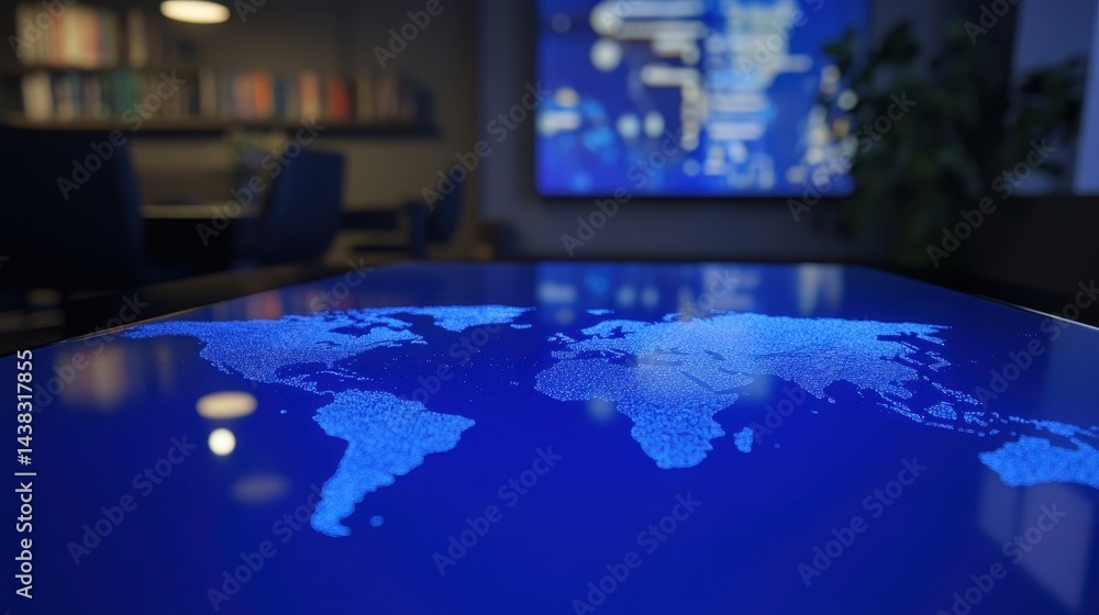 Poster modern interactive world map displayed on a conference table.