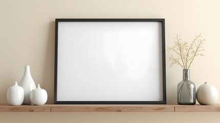 Minimalist interior display featuring a blank frame and decorative vases on a wooden shelf in a modern room