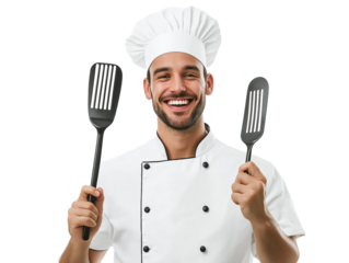 Cheerful chef wearing a traditional white uniform and hat holds two black spatulas, smiling against a transparent background