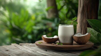 Refreshing drink setup with coconut milk and coconut parts on a weathered wood surface