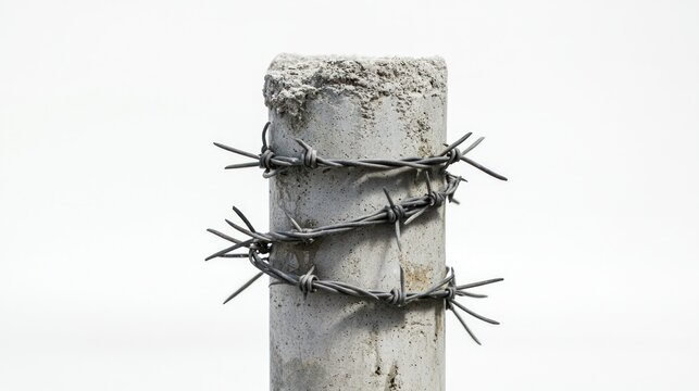 Barbed wire wrapped tightly around a single concrete pillar on white background