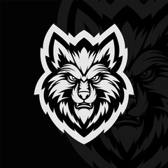 Wolf head mascot character logo design, black white