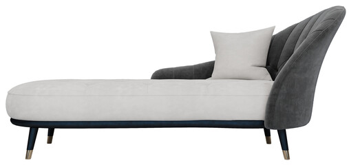 Modern chaise lounge with a minimalist design, featuring a light grey upholstered seat and dark...