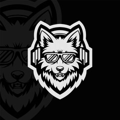 Wolf with headphone and eyeglasses, mascot character logo design, black white