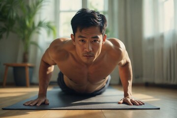 Obraz premium Determined Asian Man Performing Bodyweight Crunches on Yoga Mat in Living Room for Core Strengthening Home Workout