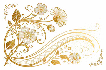 Fototapeta premium Elegant gold floral design intricate swirls and blossoms on white background delicate line art graceful flourish ornate