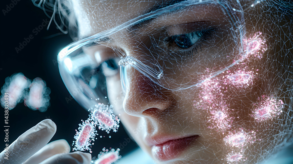 Poster a scientist explores microscopic elements under futuristic aesthetics. it is a visualization of scie