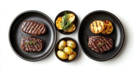 Black ceramic plates with grilled medium-rare beef steaks and herb-seasoned potatoes, top view on white background.