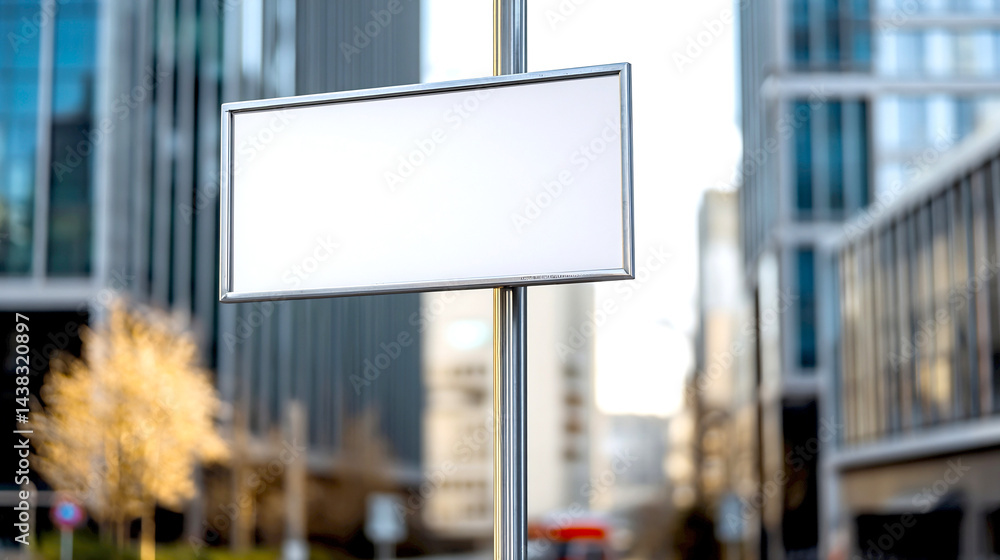 Poster empty blank advertising sign on a street post with a blurred city backdrop in urban setting : genera