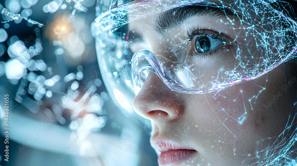 Aufkleber a person wearing futuristic glasses with glowing network visualizations. this image is perfect for i