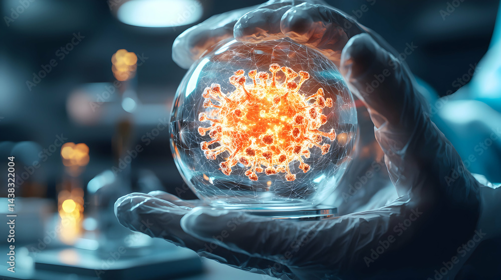 Poster a lab worker holding a glowing virus model in a glass sphere. it's a visual representation of scient