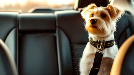 Small White Dog Sitting Safely in Car with Seatbelt During a Road Trip Adventure : Generative AI