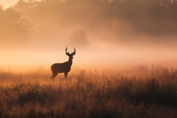 Silhouette of a deer standing in a misty meadow at sunrise, creating a serene and evocative scene