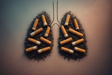 Image of lungs formed from cigarette butts and ashes. World smoking awareness day, generative ai image