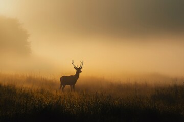 Silhouette of a deer standing in a misty meadow at sunrise, creating a serene and evocative scene