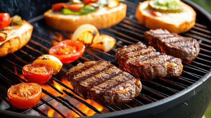 Sizzling Grill Filled with Juicy Meat and Colorful Vegetables Cooking