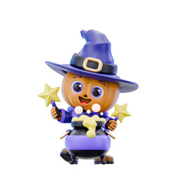 Cute Spooky Halloween 3D Character Set Pumpkin Witch in Purple Costume with Trick or Treat Accessories