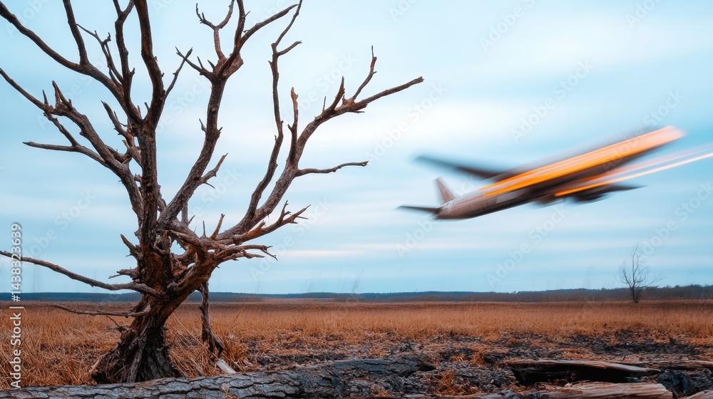 Poster the skeletal structure of a barren tree against the abstract blur of a passing airplane. organic vs.