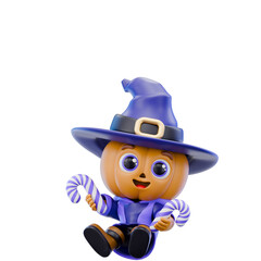 Cute Spooky Halloween 3D Character Set Pumpkin Witch in Purple Costume with Trick or Treat Accessories