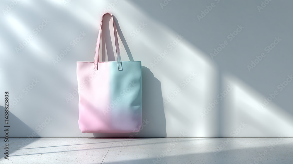 Poster a pastel tote bag leaning against a white wall with light and shadow patterns creating a soft ambian