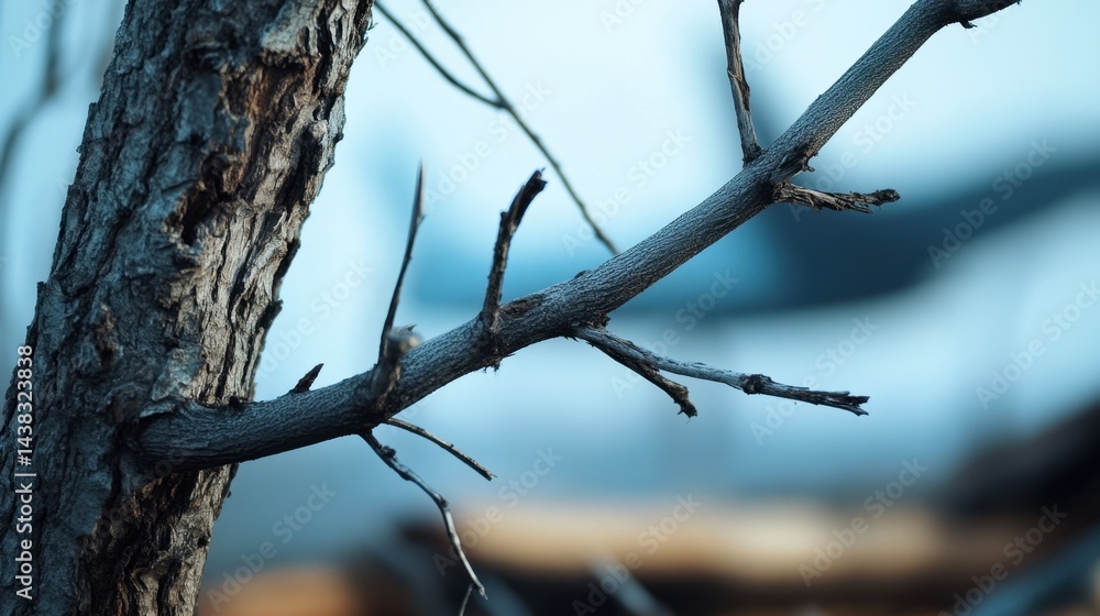 Aufkleber the skeletal structure of a barren tree against the abstract blur of a passing airplane. organic vs.
