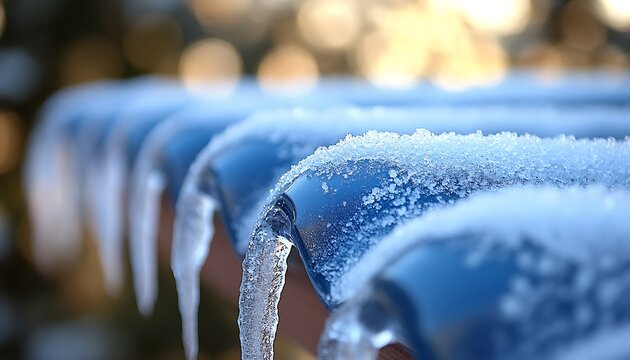 Snow-covered blue roof with forming icicles - Powered by Adobe