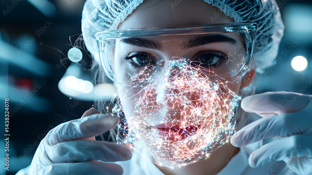 Aufkleber a scientist examines a network superimposed on their face. application: future medical analysis and 