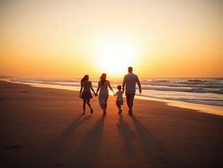 Silhouette of family walking on beach at sunset, holding hands, togetherness concept. Perfect for travel ads, family blogs, vacation websites.