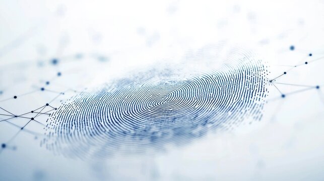 A fingerprint scan image with digital interface lines on white background.