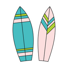 The illustration depicts two stylized surfers standing side by side in blue and blue tones with horizontal stripes.