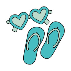 The minimalist illustration depicts beach accessories: a pair of blue flip-flops and sunglasses with heart-shaped lenses.