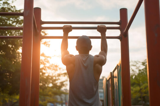 Muscular sportsman exercising outdoors, performing pull ups on a horizontal bar during a vibrant sunset, showcasing strength and dedication to fitness