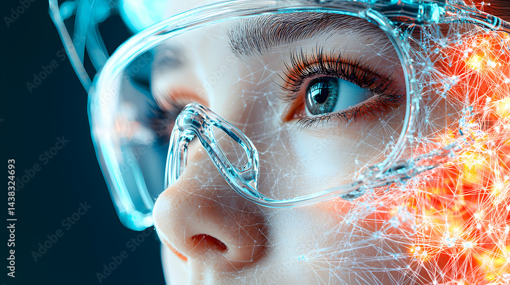 Aufkleber close-up of person wearing futuristic safety glasses overlaid with digital network. great for tech s
